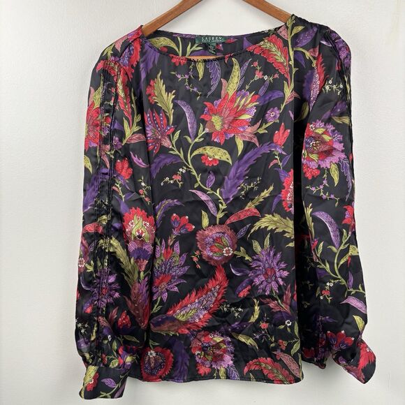 Lauren Ralph Lauren Women’s Large Floral Blouse Black Red Purple Long Sleeve - Picture 2 of 9
